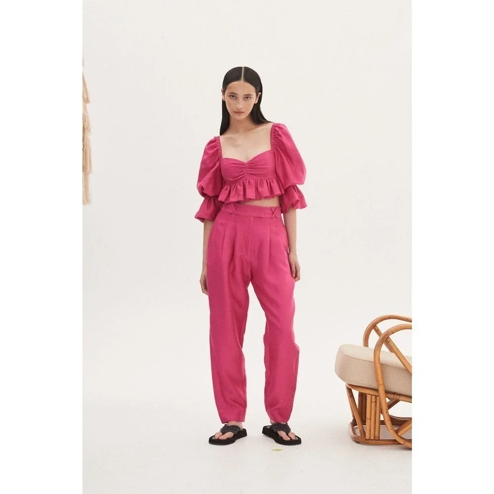 ALEMAIS Blaire Ruffle Blouson Crop Top Pink Puff Silk Cotton Size 4 NWOT